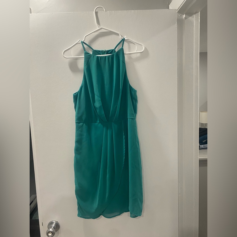 Lulus green high-neck wedding guest mini dress